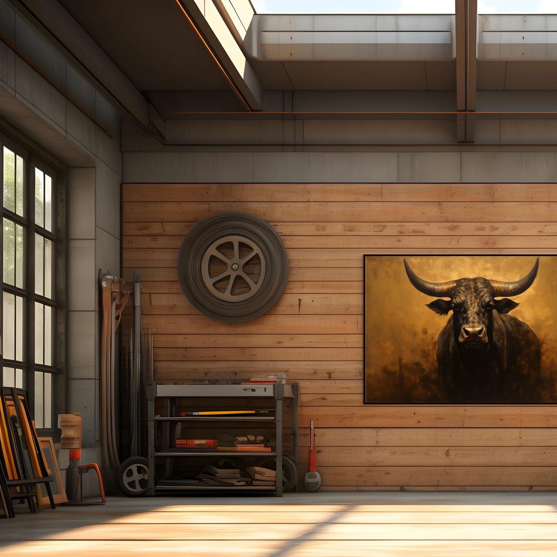 Majestic Longhorn Bull Portrait Poster with Rustic Golden Background - Image 6