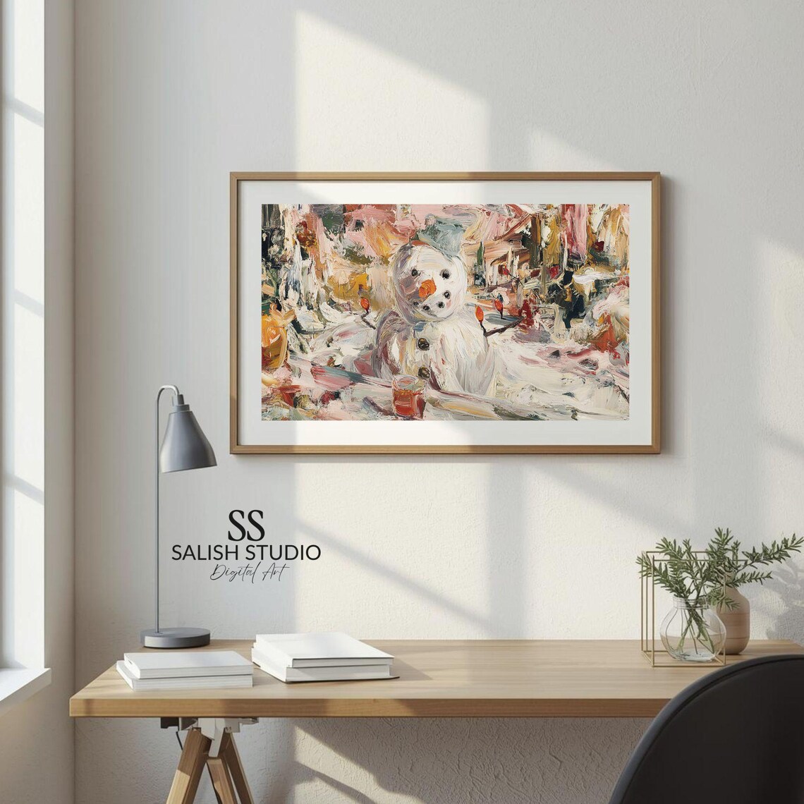 Cheerful Snowman in Festive Abstract Winter Scene Painting Print