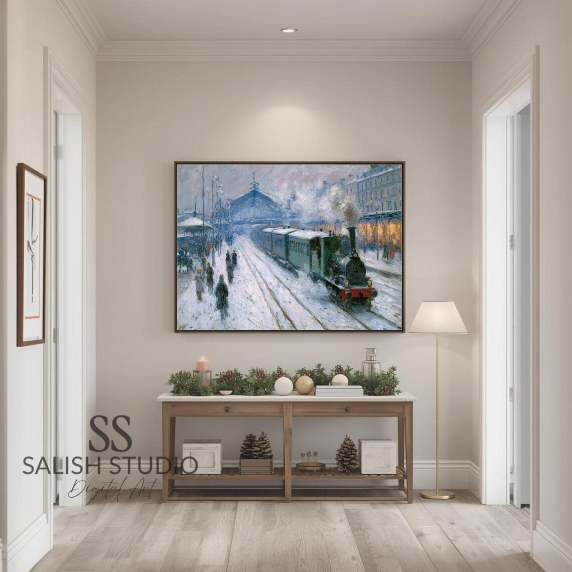 Vintage Steam Train at a Snowy Station Winter Impressionist Art Poster