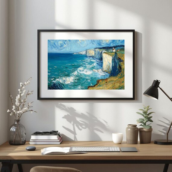 Van Gogh Style Towering White Cliffs Coastal Waves Impasto Poster