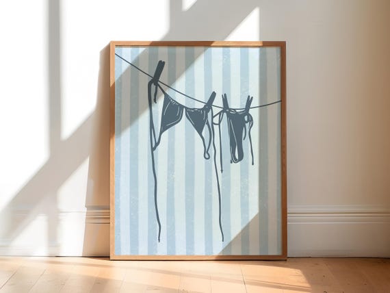 Blue Striped Bikini Art Print, Coastal Cowgirl Decor