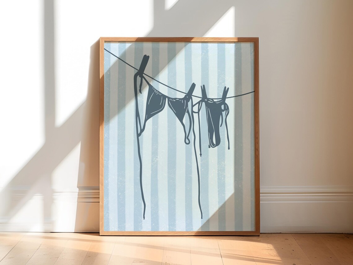 Blue Striped Bikini Art Print, Coastal Cowgirl Decor