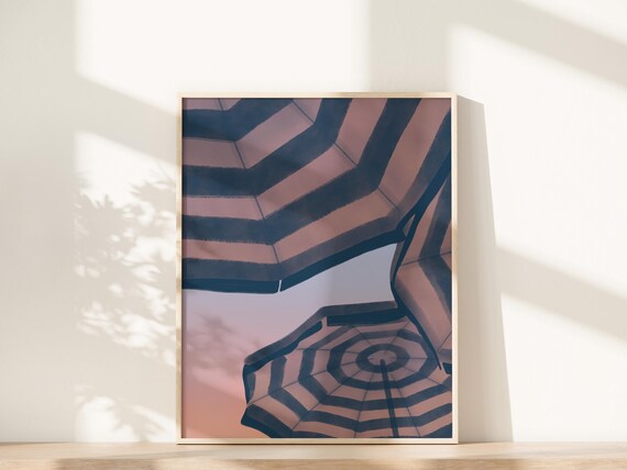 Striped Beach Umbrellas From Below Blush Pink Navy Summer Wall Art