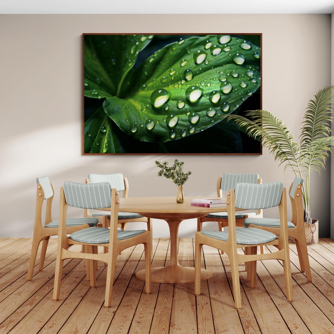 Dewdrop on Green Leaf Macro Photography Poster for Calm Nature Spaces