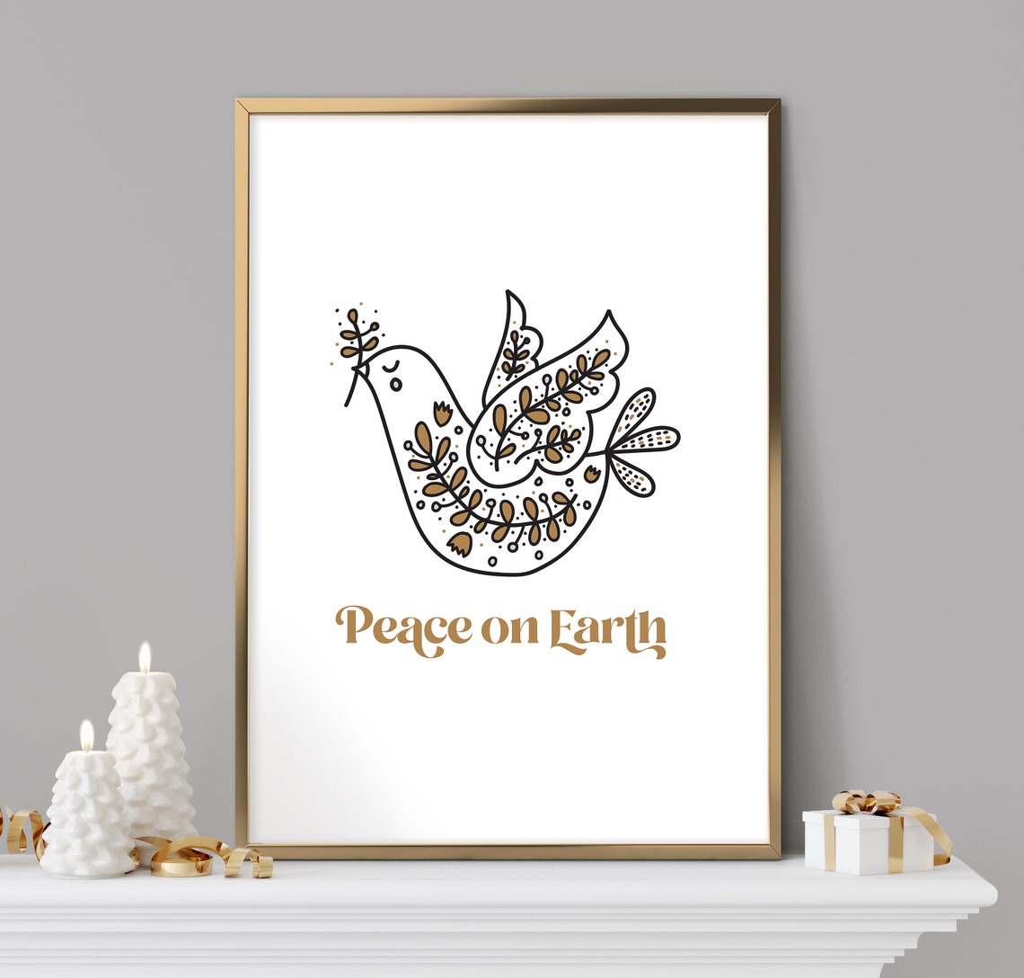 Elegant Golden Dove Peace on Earth with Floral Wings Holiday Art Print