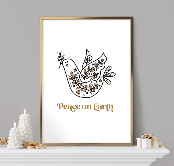 Elegant Golden Dove Peace on Earth with Floral Wings Holiday Art Print