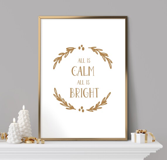 All Is Calm All Is Bright Warm Gold Wreath Typography Holiday Art Print
