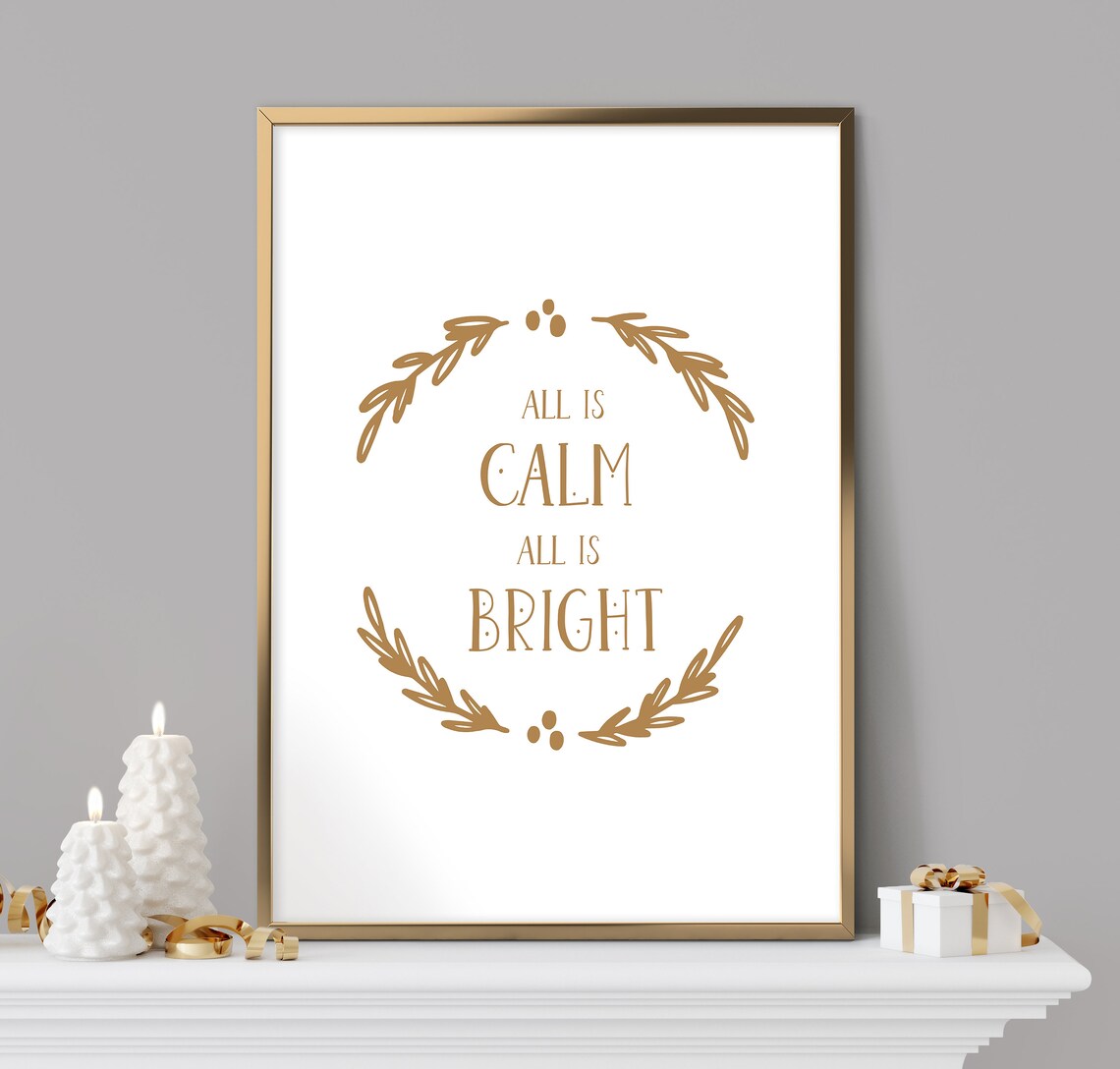 All Is Calm All Is Bright Warm Gold Wreath Typography Holiday Art Print