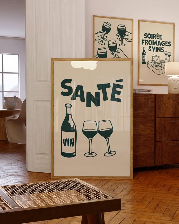 Sante Deep Green Wine Bottle Glasses Cream French Kitchen Poster