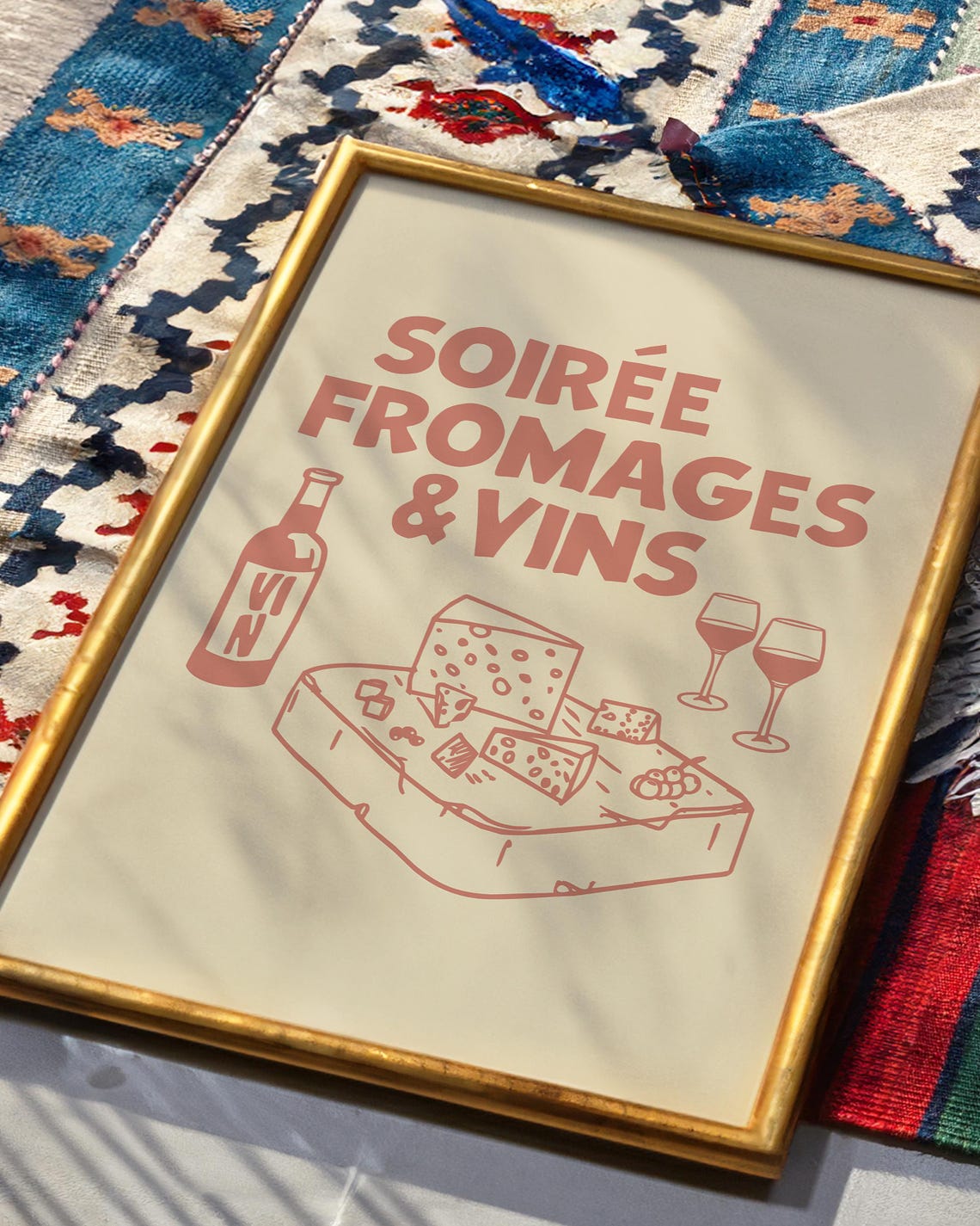 Soiree Fromages Vins Dusty Rose Minimal Line Art Cheese Poster - Image 2