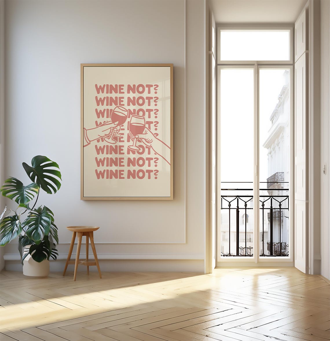 Pastel Pink Wine Not Retro Cheers Typography Bar Cart Poster - Image 2