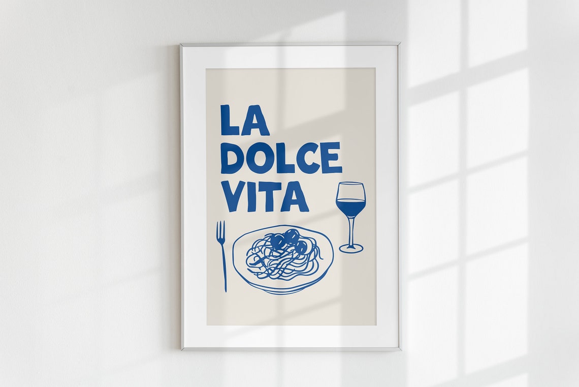 La Dolce Vita Blue Pasta and Wine Italian Kitchen Wall Poster