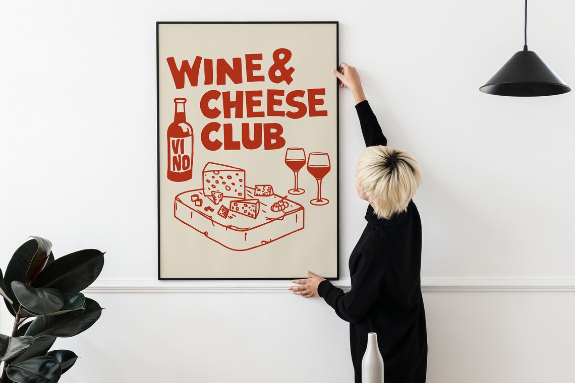 Wine Cheese Club Red Retro Kitchen Illustration Cream Vintage Bar Poster - Image 3