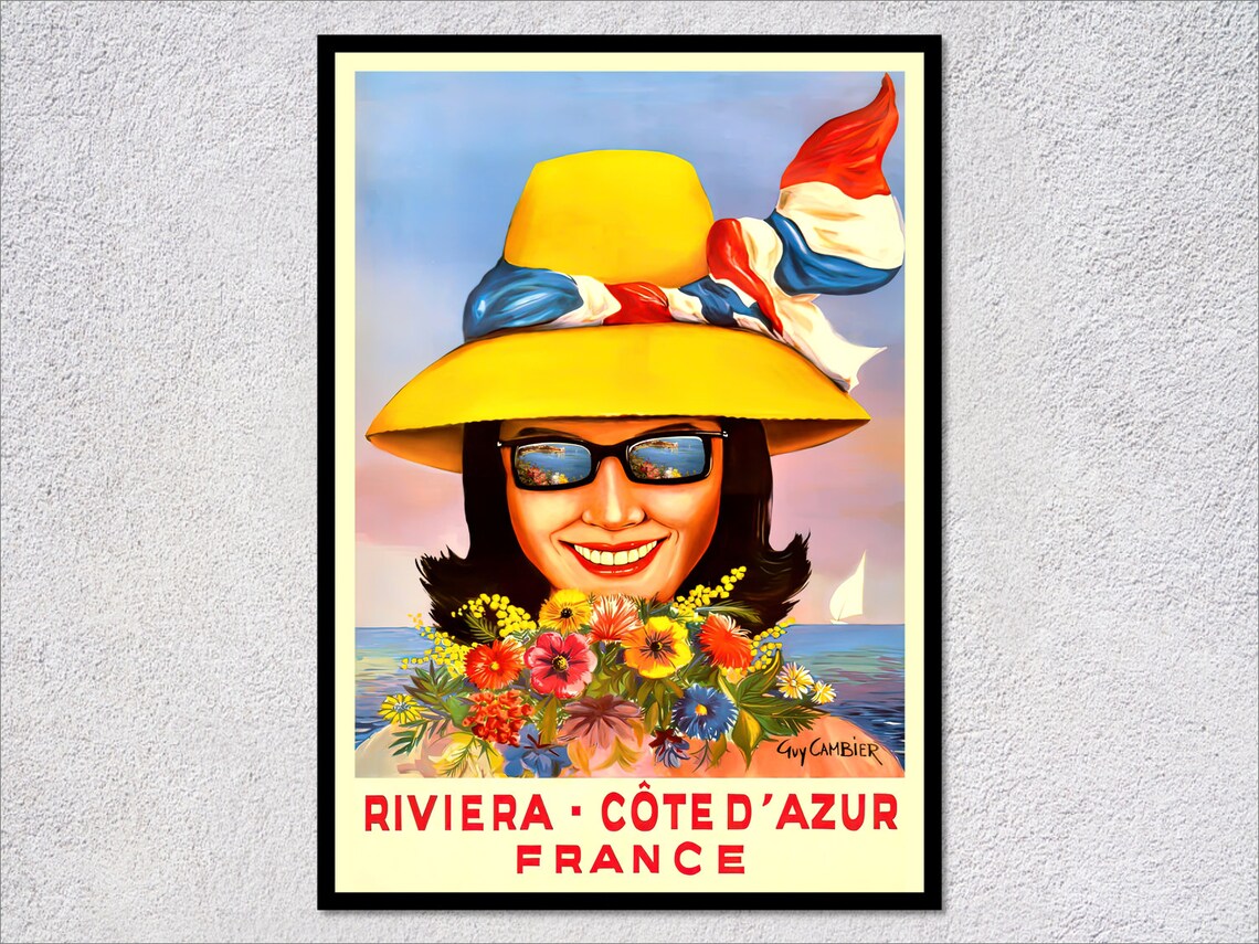 Riviera Cote dAzur France Smiling Woman Sun Hat Retro Beach Poster