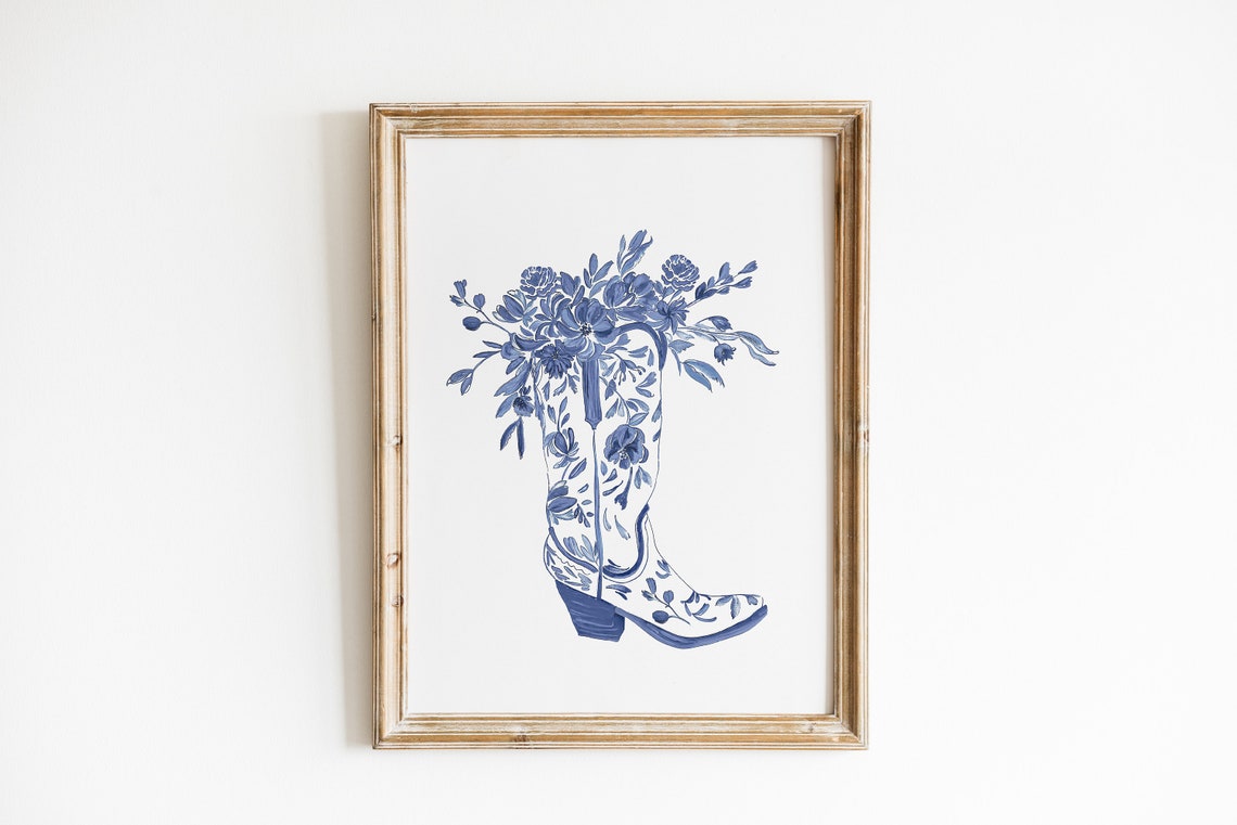 Blue Coastal Floral Cowgirl Boot Watercolor Chinoiserie Poster - Image 3