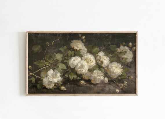 White Roses Moody Floral Painting Dark Romantic Bloom Wall Art