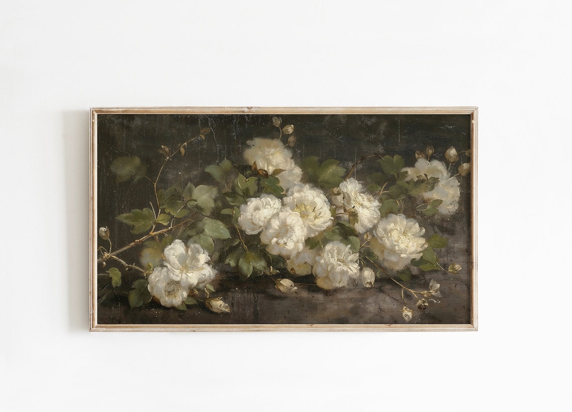 White Roses Moody Floral Painting Dark Romantic Bloom Wall Art