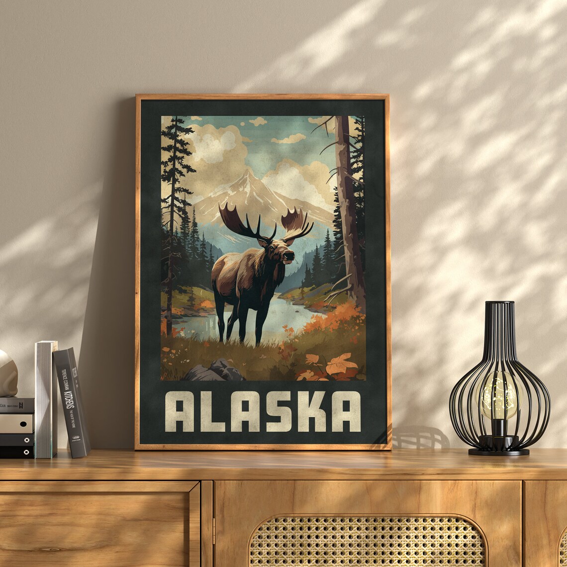 Vintage Alaska Moose Travel Poster, Retro Alaska Art