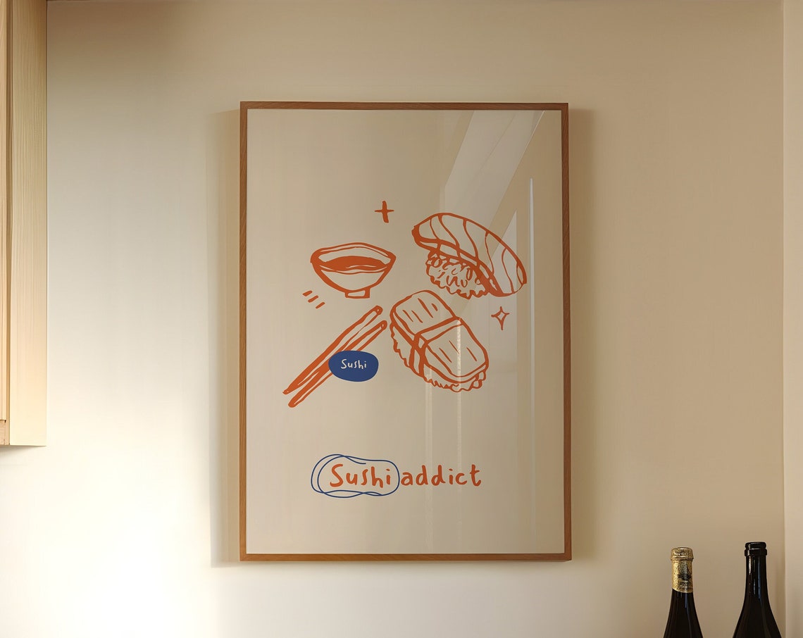 Sushi Addict Hand Drawn Doodle Orange Cream Kitchen Wall Art