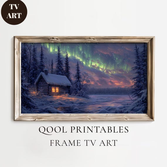 Samsung Frame Tv Art Oil Painting Aurora Borealis Fine Landscape Scene Winter Cabin Artwork Desktop Wallpaper