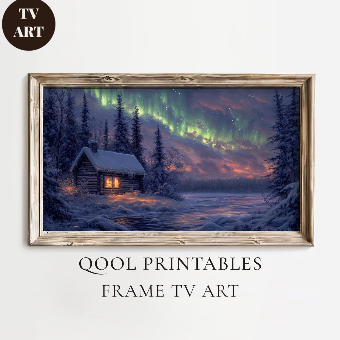 Winter Cabin Northern Lights Snowy Pines Night Sky Art Poster
