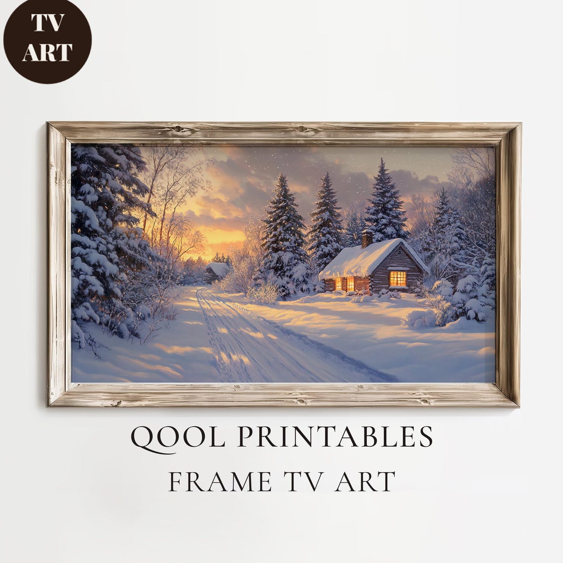 Cozy Winter Cabin Golden Sunset Snowy Path Warm Light Poster