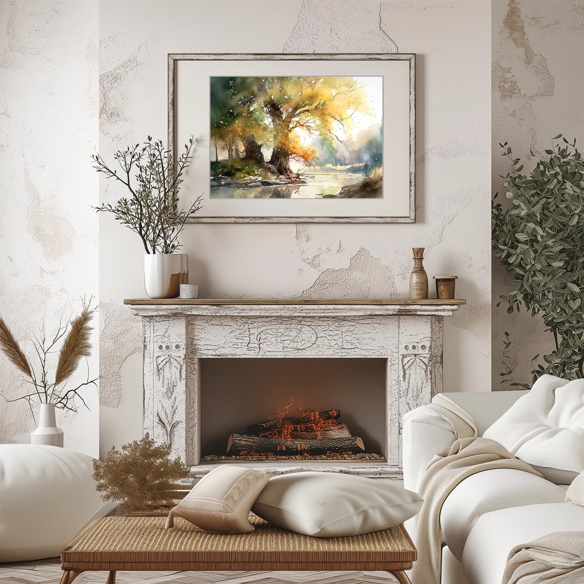 Golden Light Through Riverside Tree Calm Watercolor Art Poster - Image 5