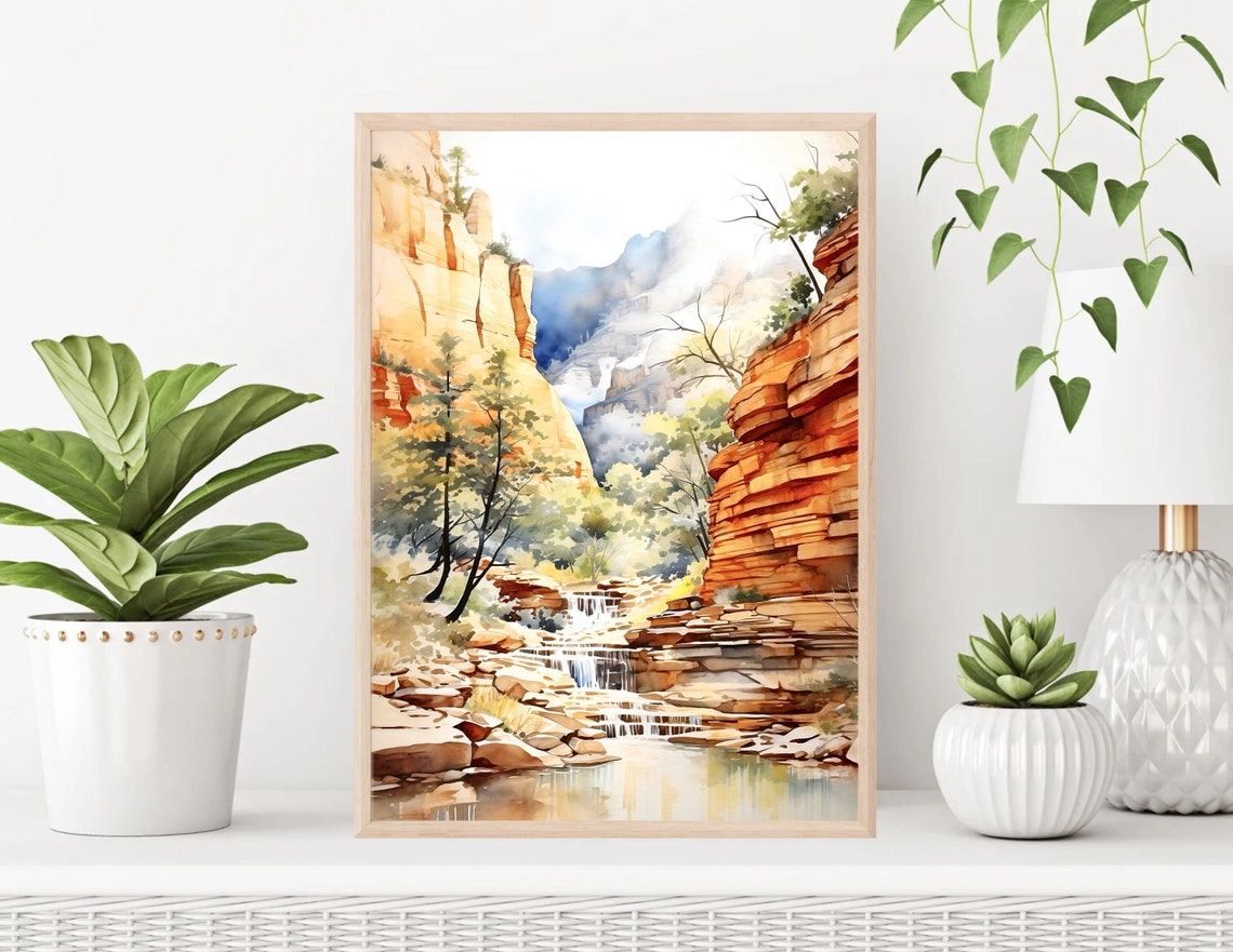 Zion Canyon Red Sandstone Cliffs and Waterfall Watercolor Poster - Image 2