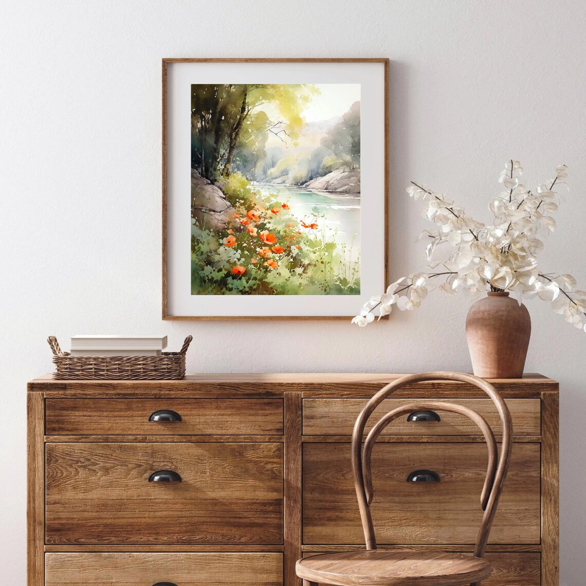 Orange Poppies Along Calm Forest River Watercolor Art Poster - Image 2