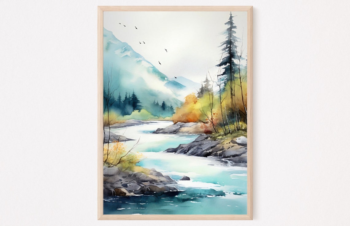 Misty Autumn River Watercolor with Blue Mountains and Birds Poster - Image 4