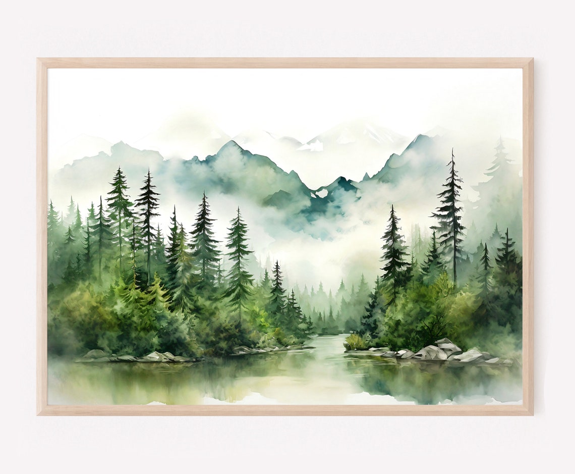 Misty Pine Lake Mountain Reflection Watercolor Art Scene Poster