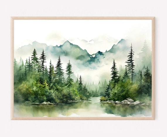 Mountain Lake Watercolor Landscape Pine Tree Wall Art Blue Green Art Prints Pine Forest Painting Minimalist Wall Decor