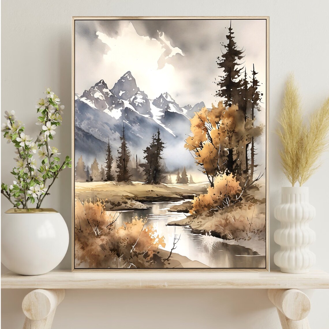Grand Teton Snowy Peaks Autumn Stream Wilderness Watercolor Poster - Image 2