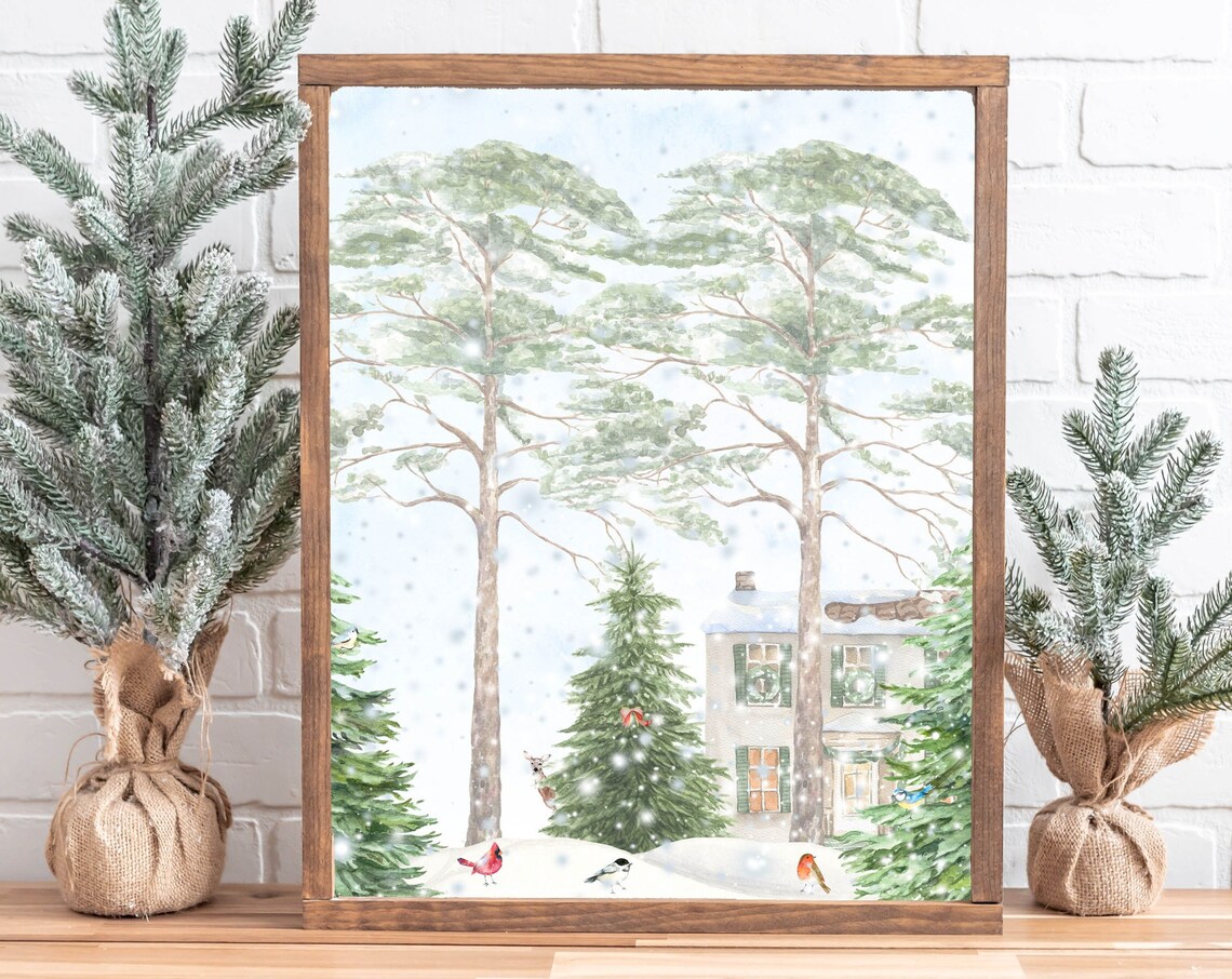 Snowy Woodland Winter Birds and Cozy Cottage Scene Holiday Poster