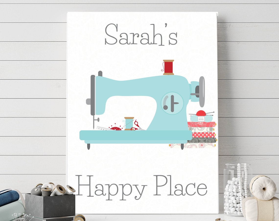 Personalized Teal Sewing Machine Happy Place Craft Room Sign Wall Art