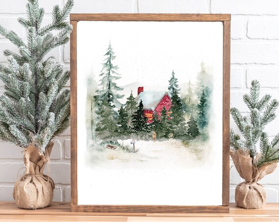 Cozy Red Cabin Glowing Windows Snowy Pine Forest Winter Watercolor Poster