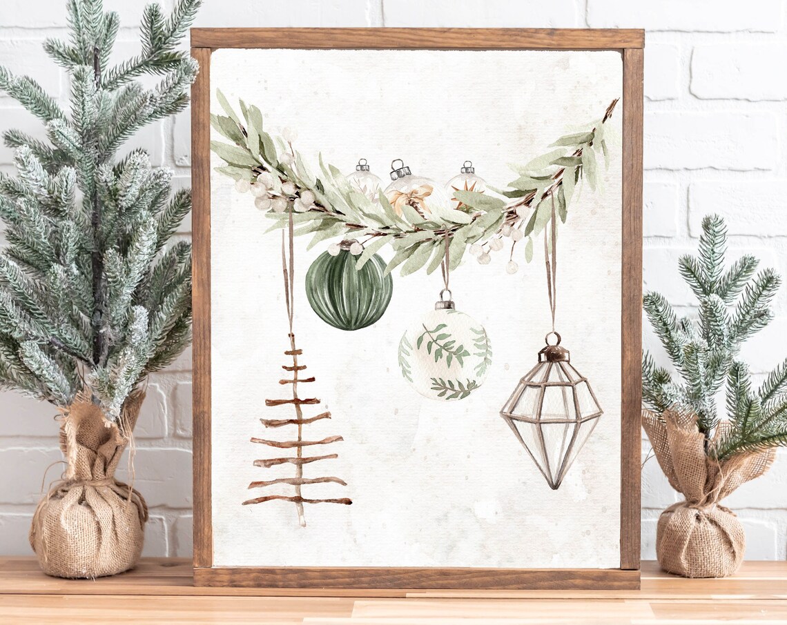 Watercolor Rustic Christmas Ornaments Greenery Branch Square Wall Art