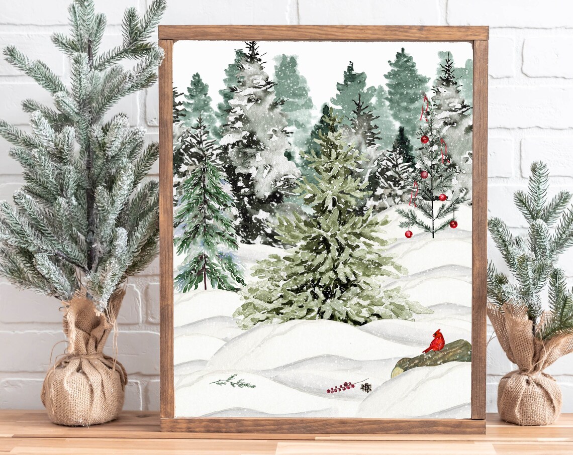 Snowy Pine Forest Watercolor Winter Wonderland Christmas Wall Art