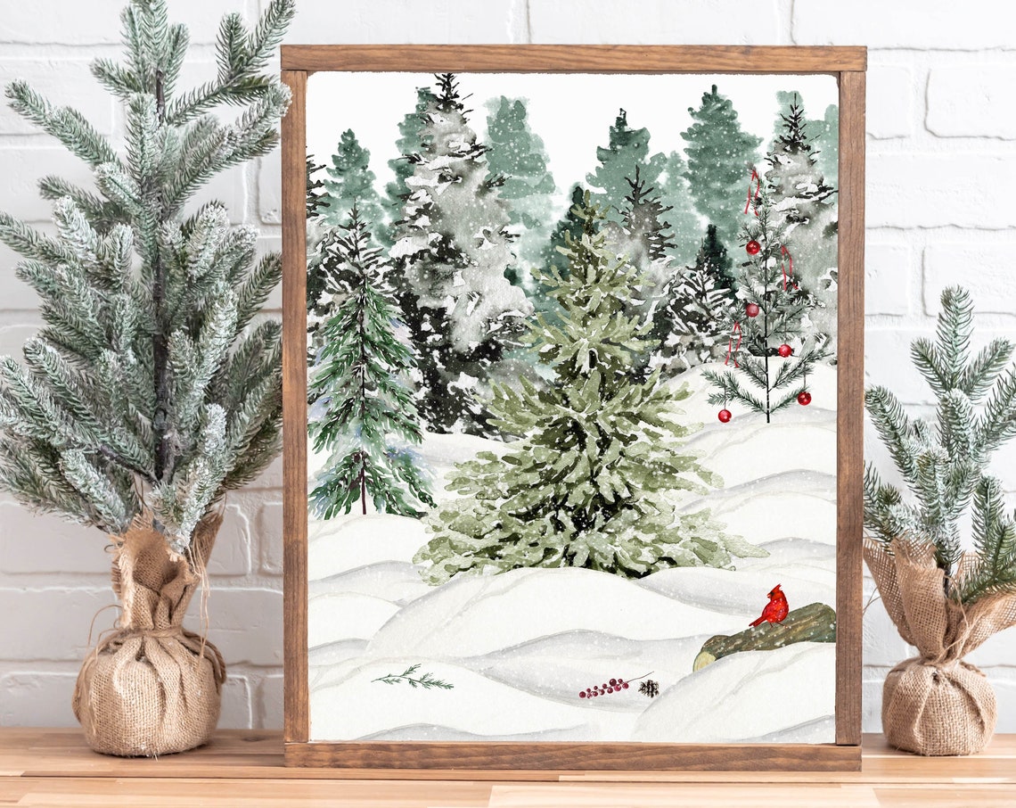 Woodland Winter Green Wall Art 5x7 8x10 11x14 16x20 Snowy Holiday Decor Watercolor Winter Landscape Snow Scene Diy Seasonal Decor