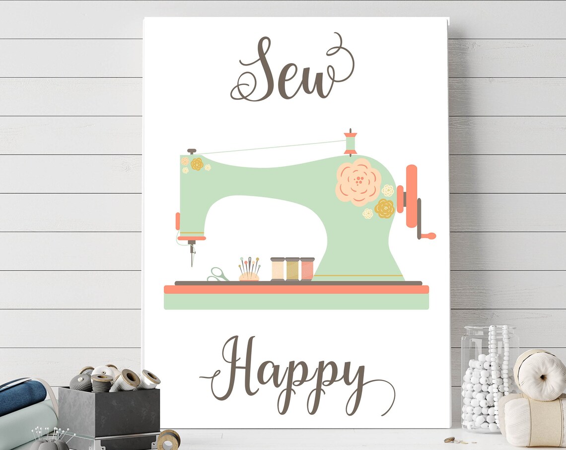Sew Happy Mint Green Floral Sewing Machine Craft Room Poster