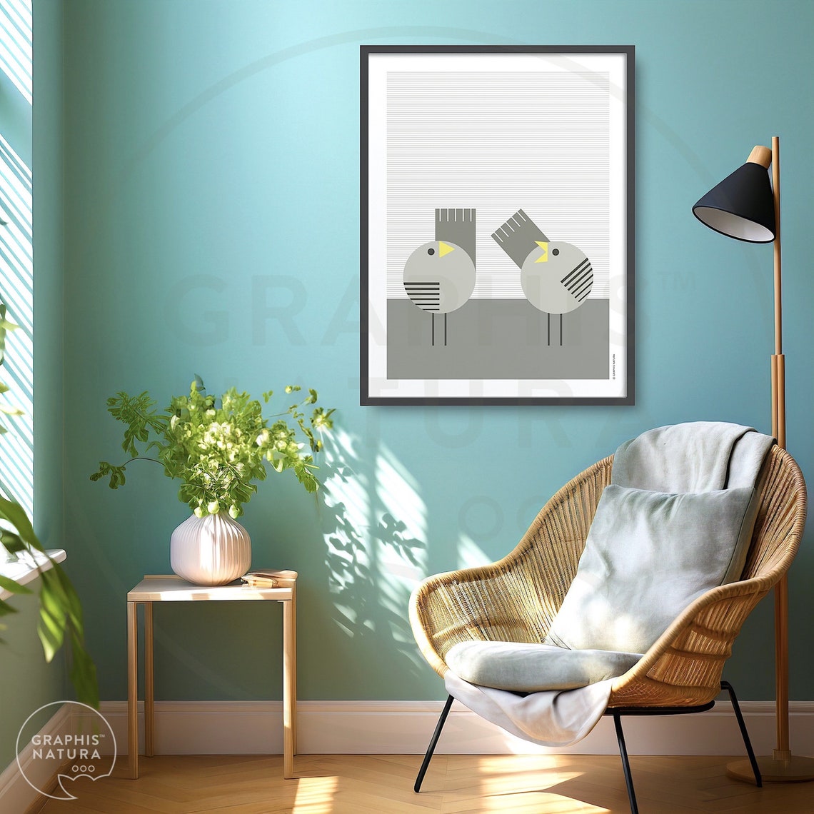 Gray Geometric Bird Duo Poster Minimalist Mid Century Pair Art - Image 5