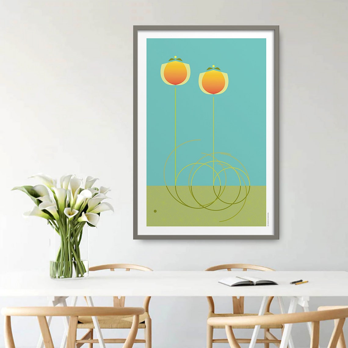 Orange Tulip Blooms Poster Retro Turquoise Botanical Modern Art - Image 4