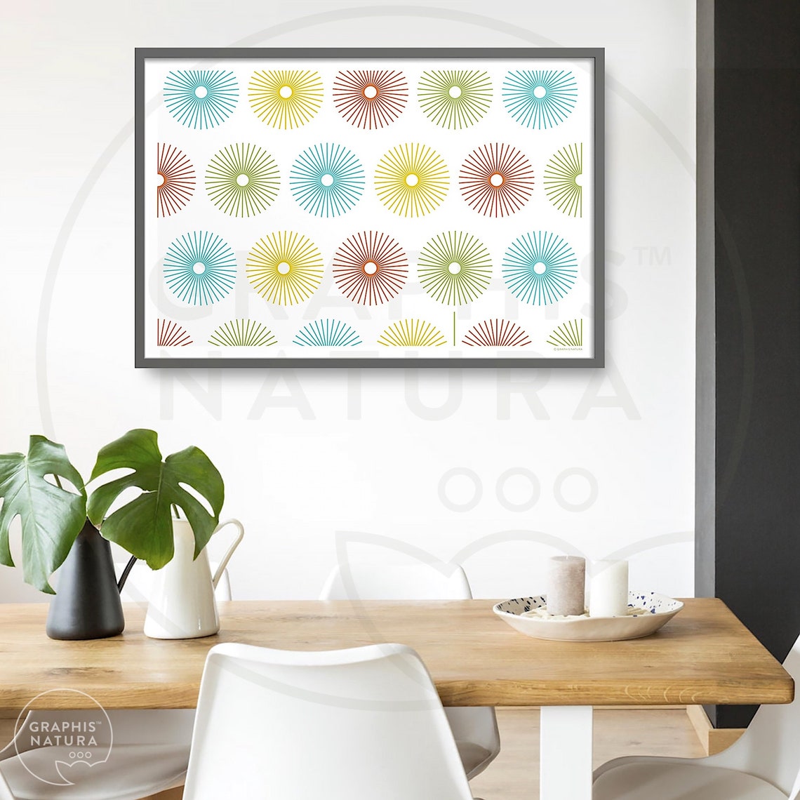 White Sunburst Flower Pattern on Sage Green Botanical Art Poster - Image 2