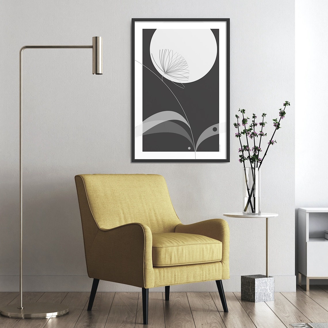 Moonlit White Flower Under a Moon Circle on Charcoal Art Poster - Image 5