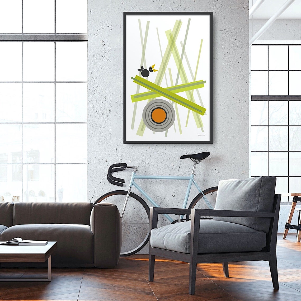 Geometric Bird in Tall Grass With Orange Sun Circle Art Poster - Image 5