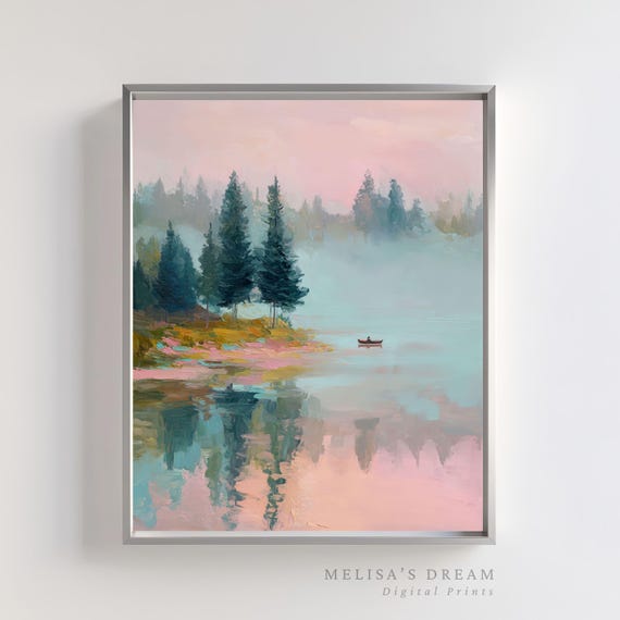 Misty Forest Lake Wall Art Pastel Pine Trees With Canoe Tranquil Landscape Nature Scene Home Decor