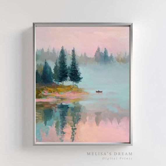 Misty Pink Lake Pine Trees Canoe Reflections Serene Landscape Poster