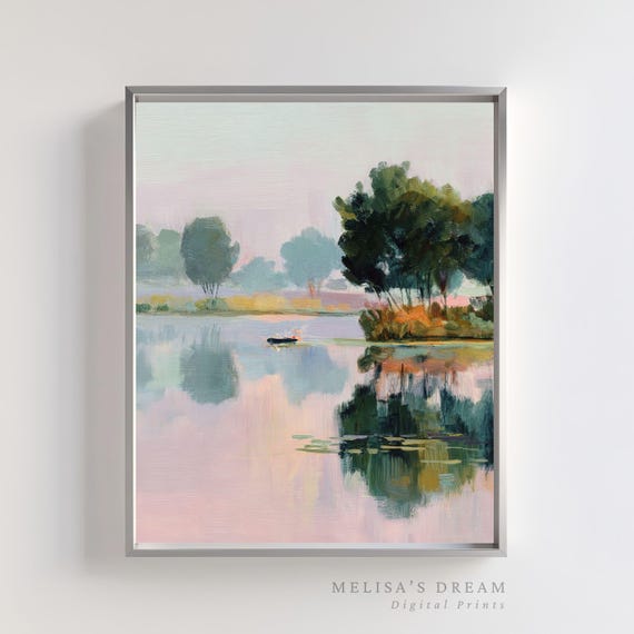 Impressionist Lake Painting, Pastel Landscape Art Print