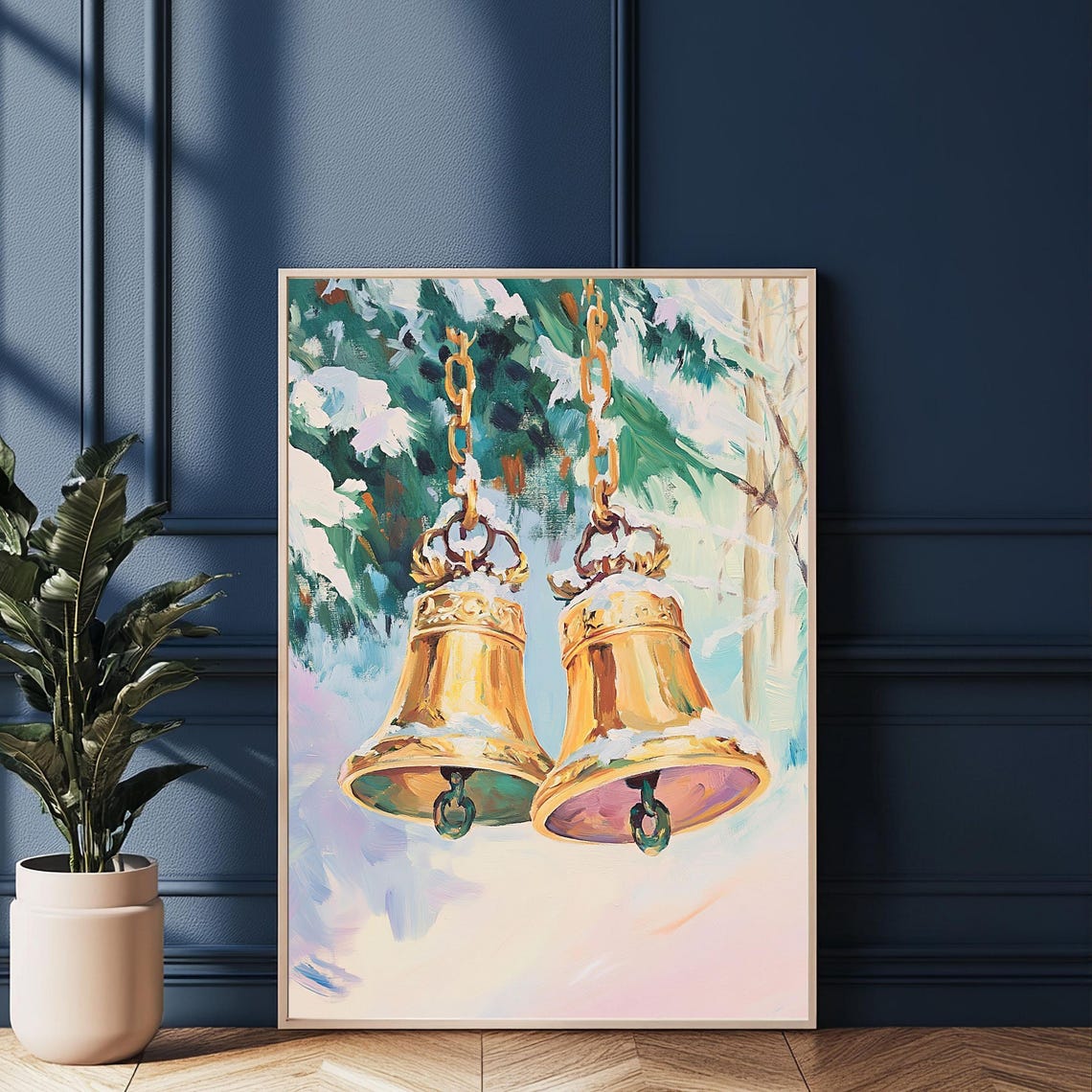 Golden Christmas Bells In Snow Festive Winter Holiday Art Poster - Image 3