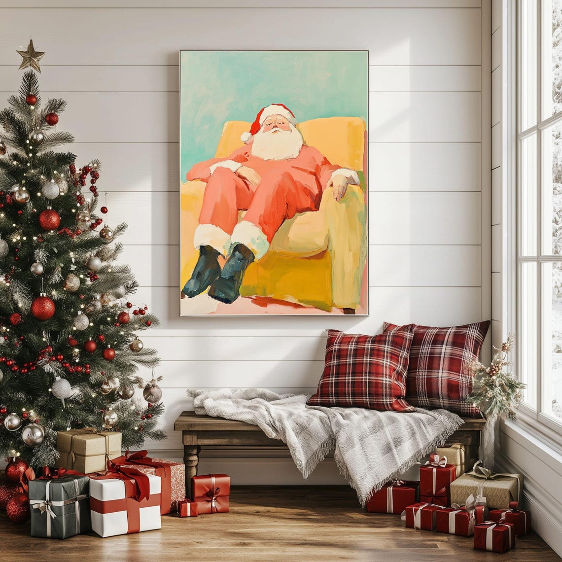 Sleeping Santa Claus Napping in Armchair Funny Christmas Art Poster - Image 3